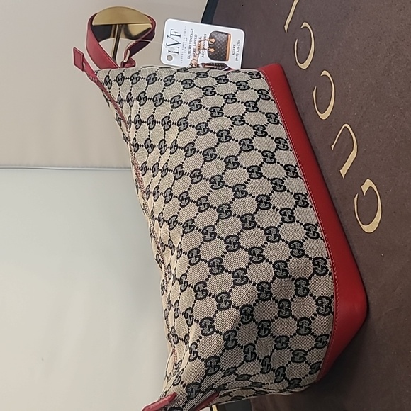 GUCCI VINTAGE ULTRA RARE 1990’S GG CANVAS THREE WAY CONVERTIBLE BAG NAVY/RED/TAN - Picture 4 of 17
